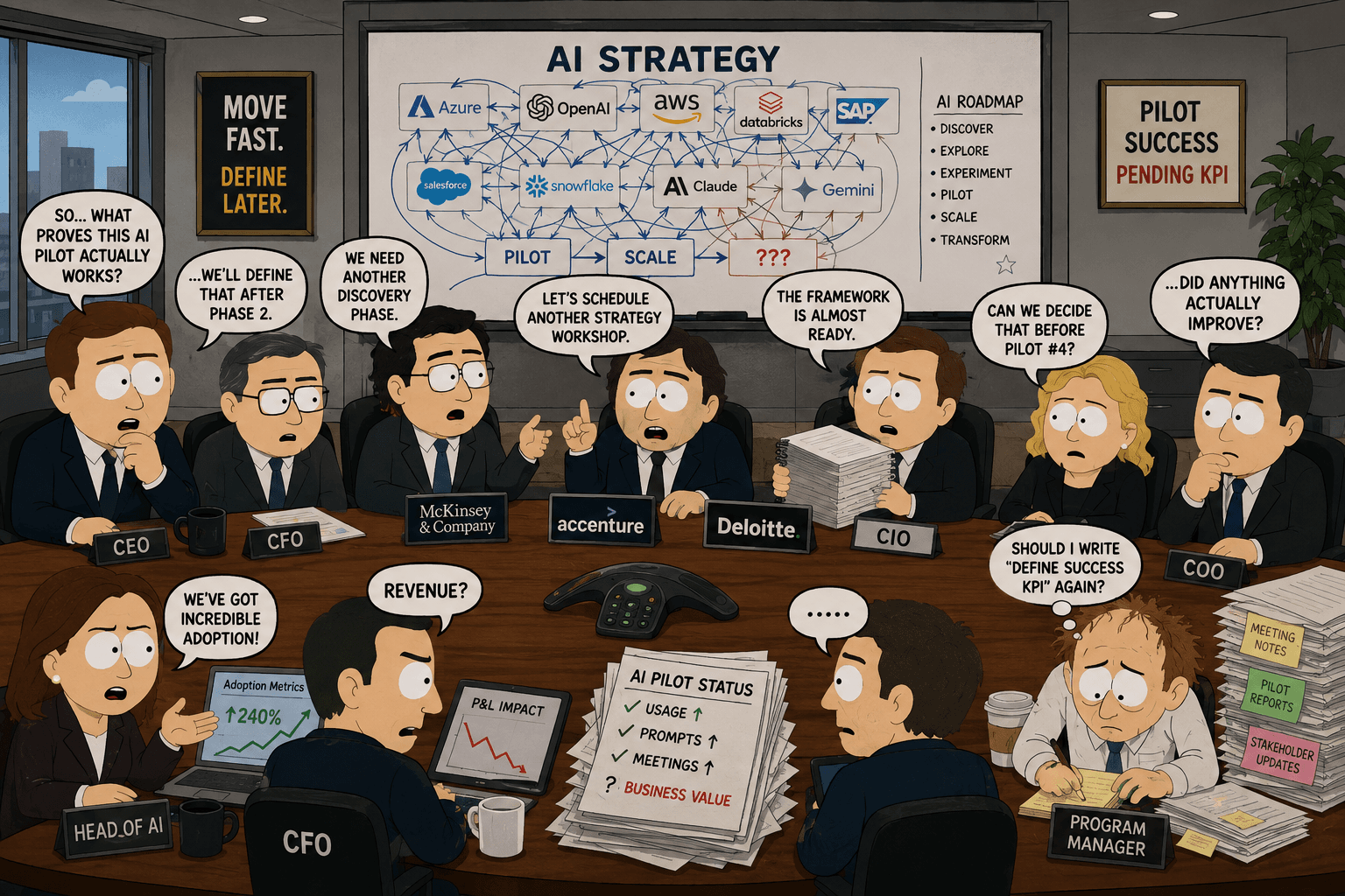 AI strategy meeting showing pilots, vendors, and missing business value metrics