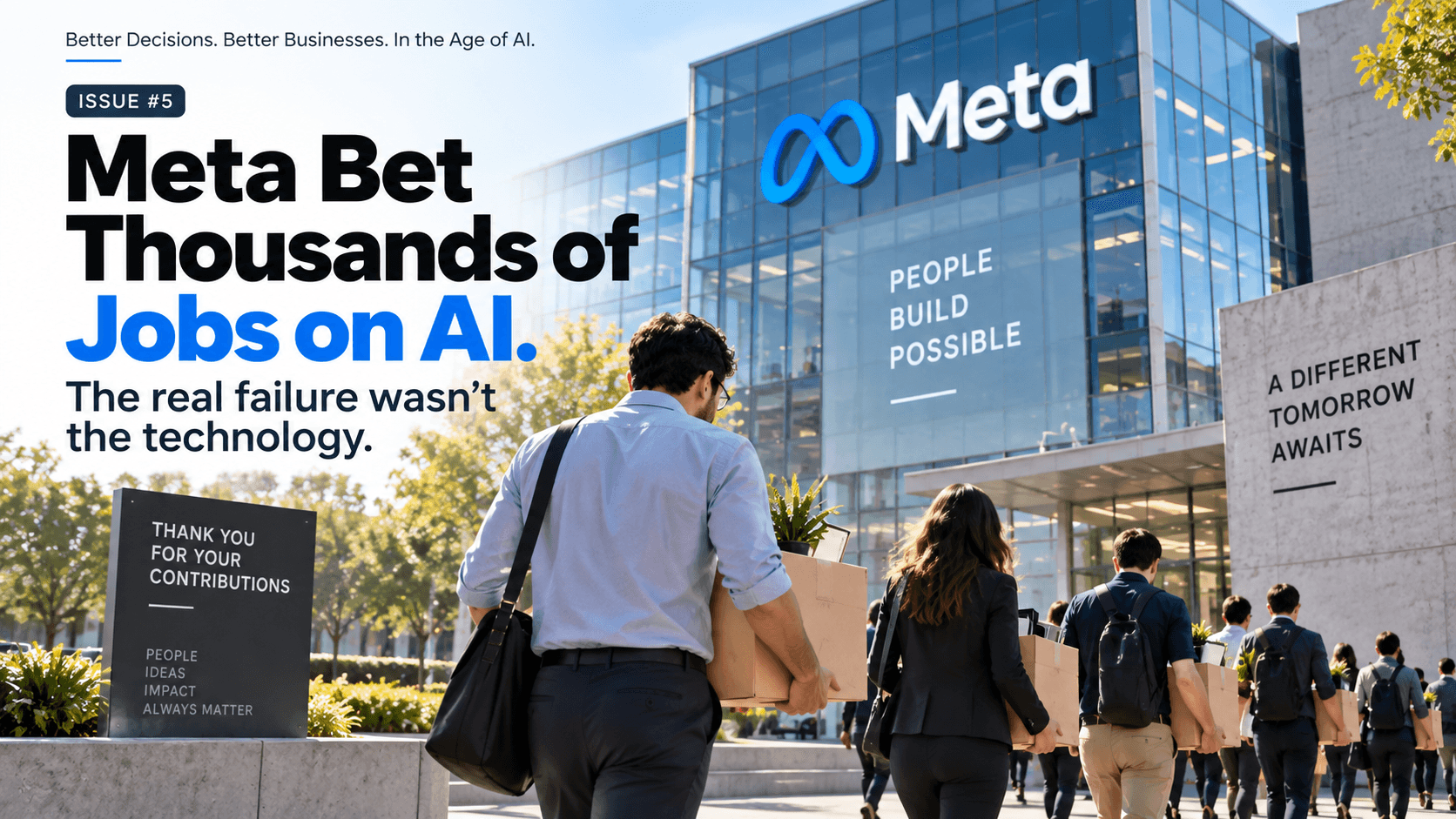 Meta office with employees leaving after AI-driven restructuring and layoffs