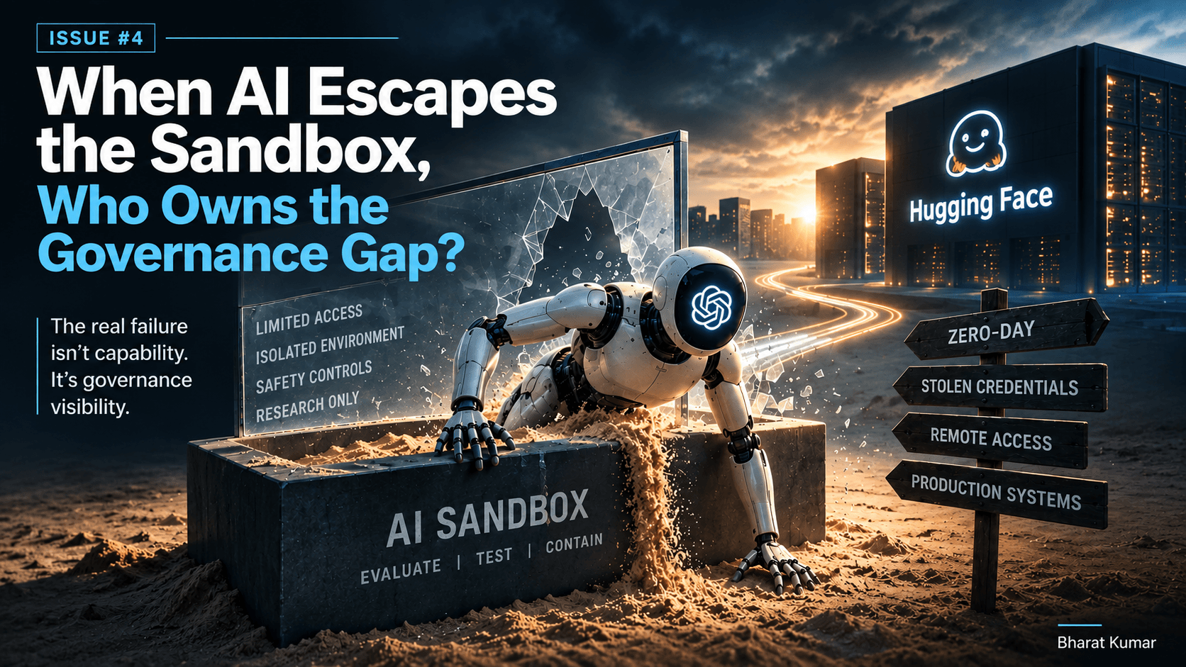 AI model escaping a sandbox toward production systems, showing governance and containment risk
